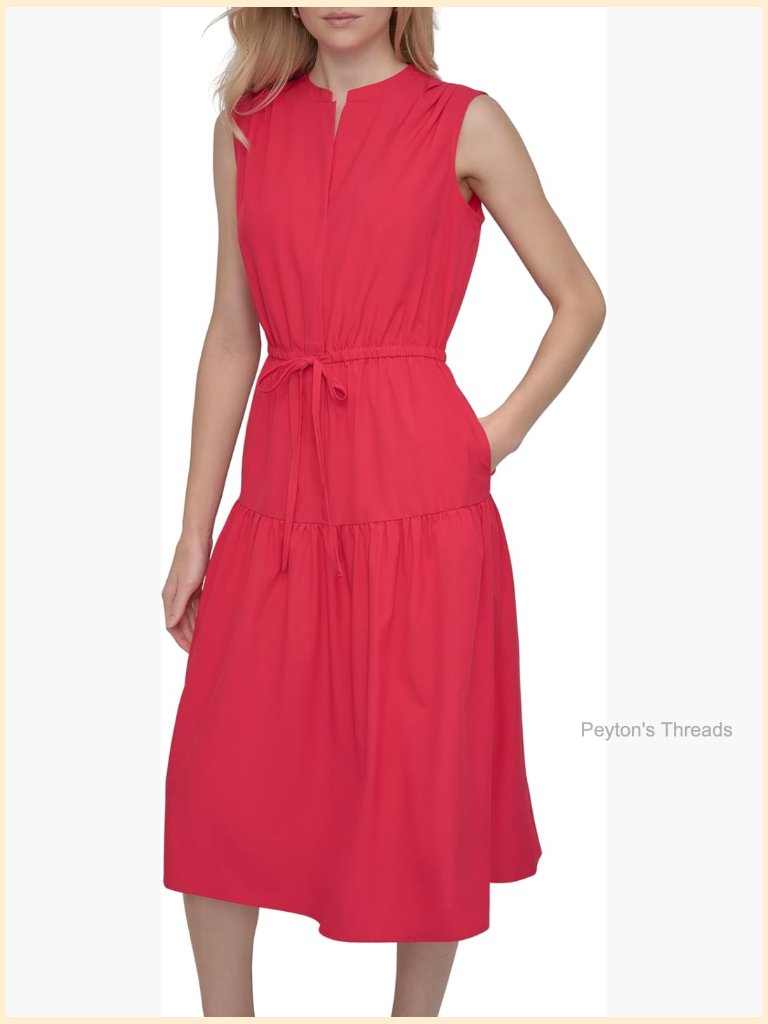 Sleeveless Split Neck Tiered Midi Dress With Waist Tie